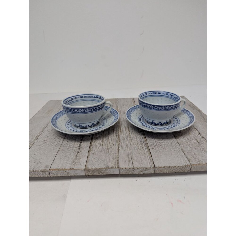 Chinese JingDeZhen Blue White Porcelain Rice Grain Set of 2 Cups and Saucers